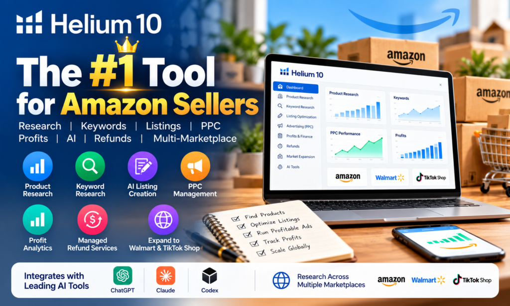 Best Amazon seller tools comparison featuring Helium 10, Amazon product research, keyword research, AI listing optimization, PPC management, profit analytics, and seller automation tools.